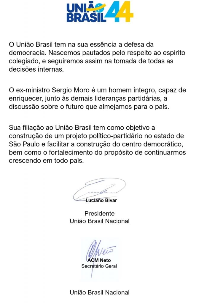 União Brasil desiste de desfiliar Moro