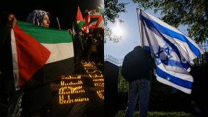 Militantes seguram as bandeiras da Palestina e de Israel