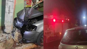 Uma motorista dormiu ao volante e bateu em um poste da Avenida Gabriel Del Pino, no Vilas Boas, próximo ao Rádio Clube Campo