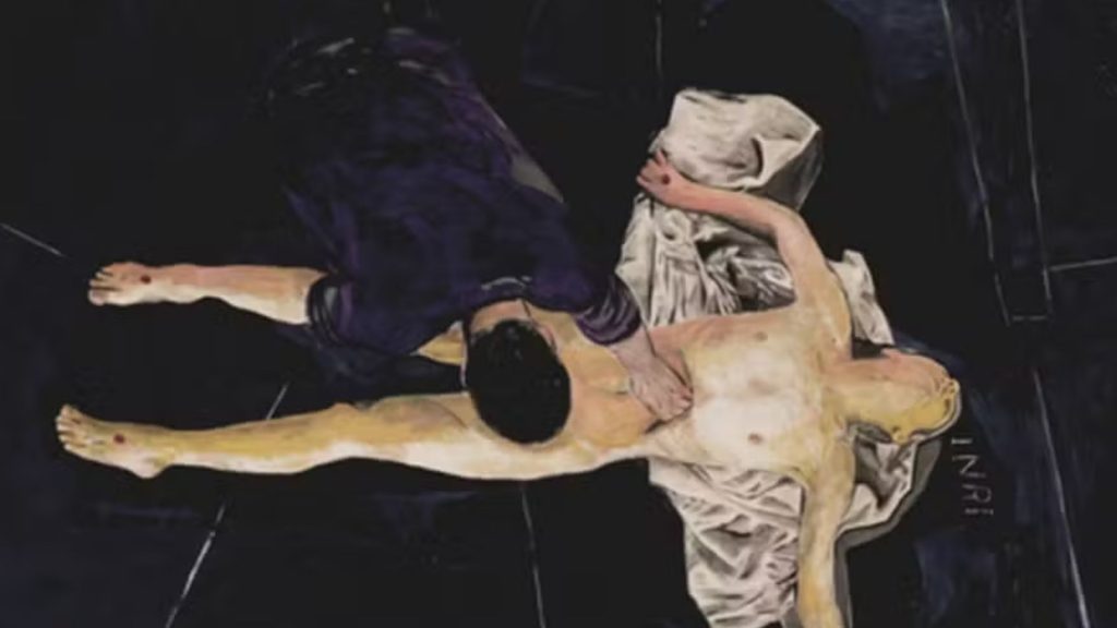 A acusação a Saltini veio devido a seu quadro, em que mostra Jesus Cristo nu, após a crucificação, e São Longuinho.