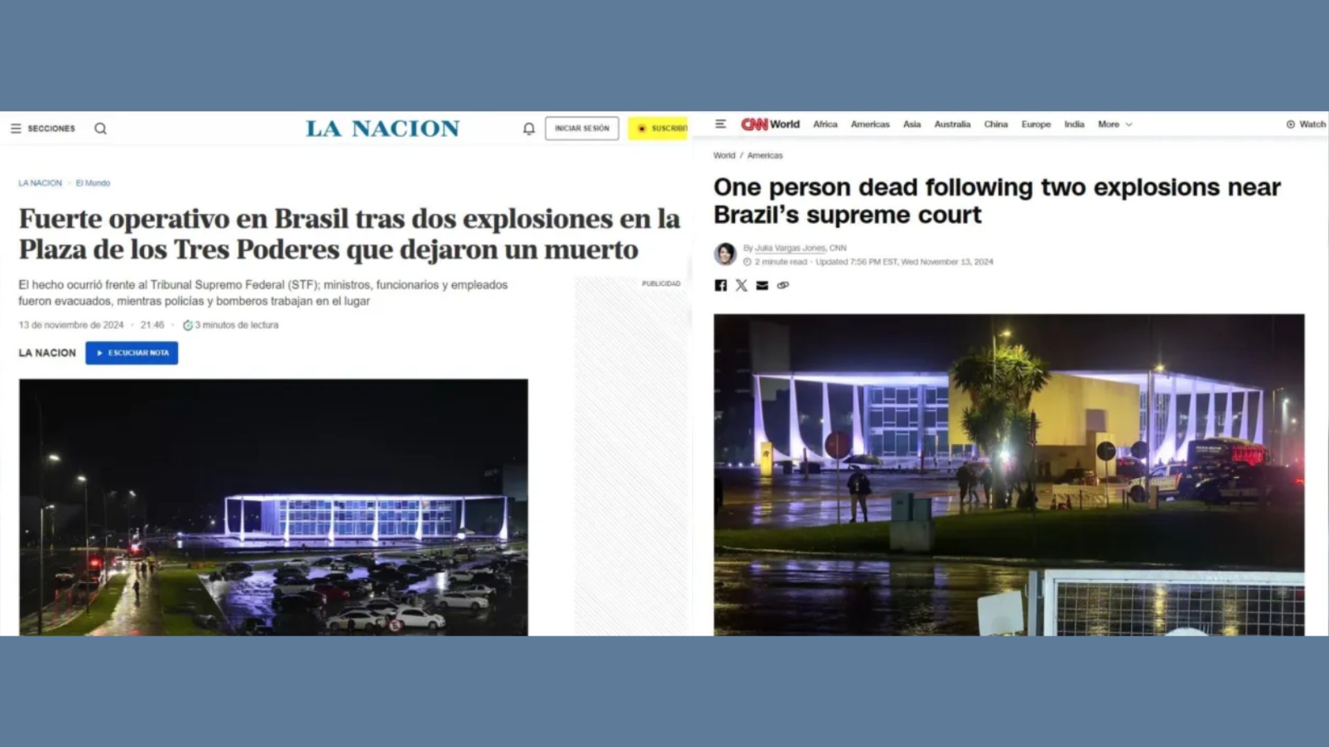 As explosões na Praça dos Três Poderes, em Brasília, ganharam destaque na imprensa mundial nesta quarta-feira (13).