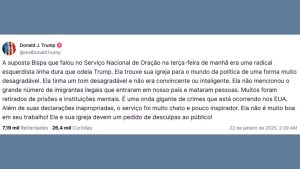 O presidente dos EUA, Donald Trump, voltou a gerar polêmica ao criticar a bispa de Washington, Mariann Edgar Budde, após um sermão.