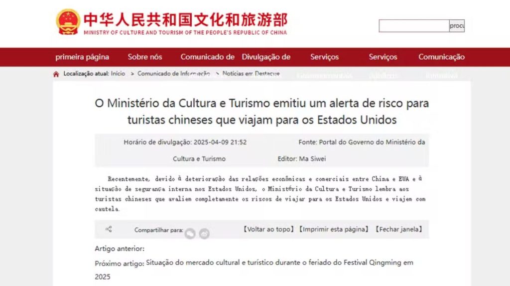O governo da China publicou dois alertas de risco direcionados a cidadãos que pretendem viajar ou estudar em território norte-americano.