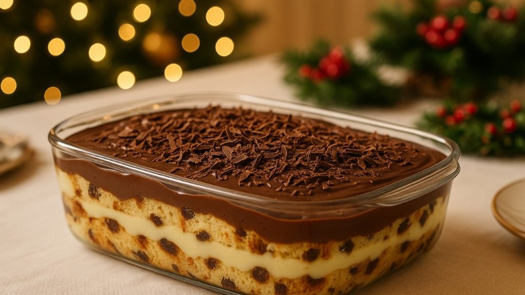 Esse pavê de panetone reaproveita sobras e cria camadas cremosas com chocolate