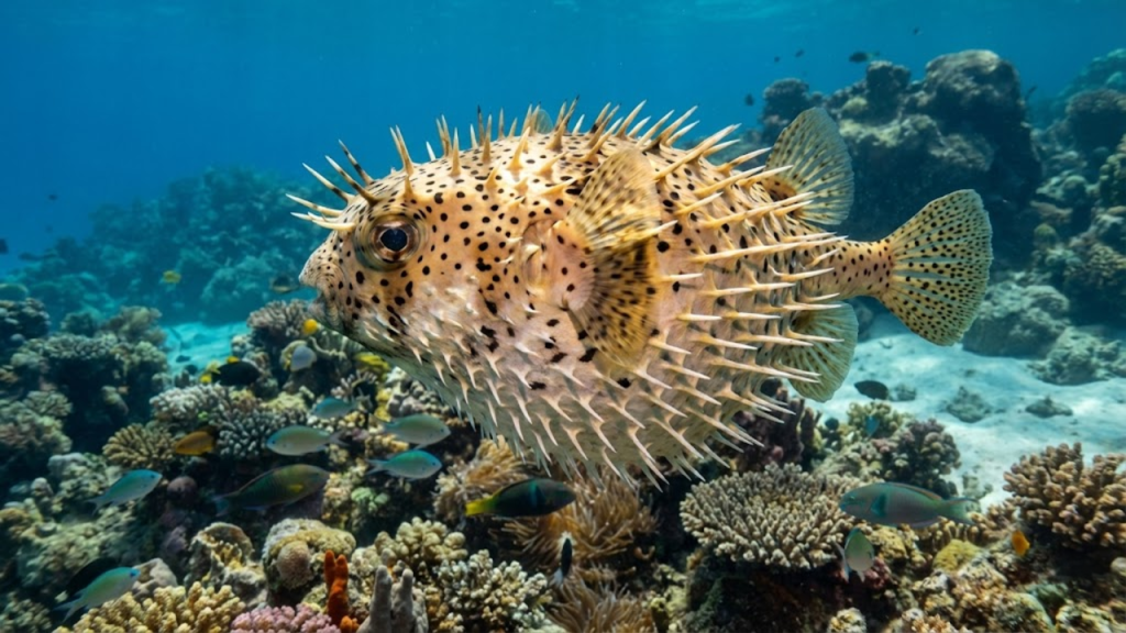 Podendo chega a 91 cm e encontrado em recifes tropicais, esse é o baiacu gigante que vive nos oceanos