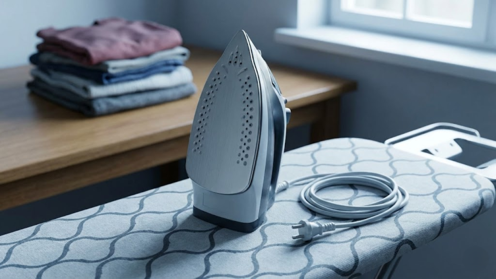 Ponto de vista em 1ª pessoa olhando para um ferro de passar desligado sobre a tábua, com o fio enrolado ao lado.