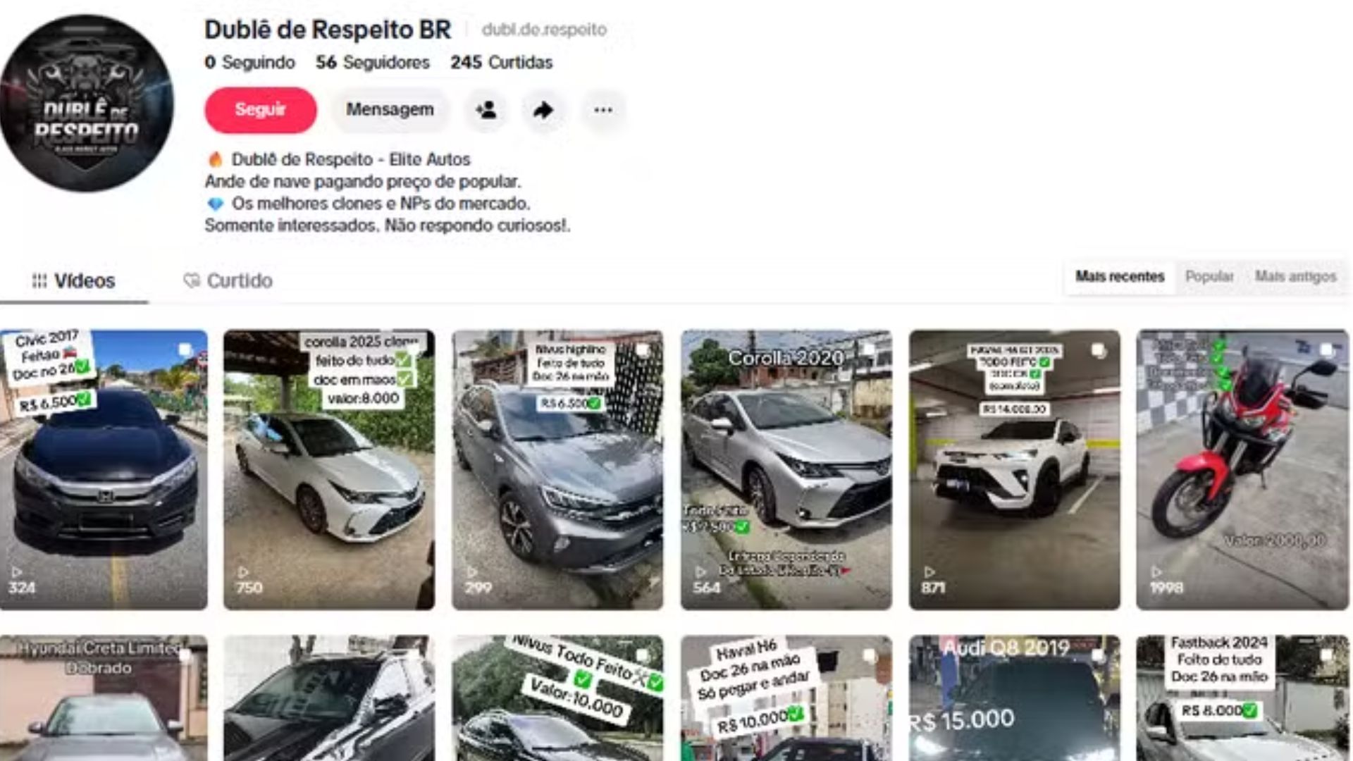 Esquema nas redes: Polícia identifica 21 perfis dedicados à venda de carros clonados no TikTok